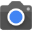 A gray camera with a blue lens