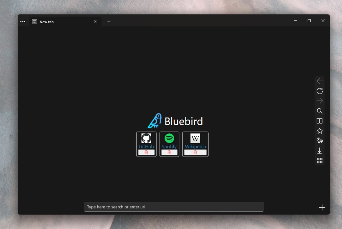 A screenshot showcasing the startpage of the bluebird webbbrowser